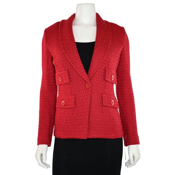 St. John Knits 1-Button Ribbon Knit Jacket in Red Shimmer sz 2